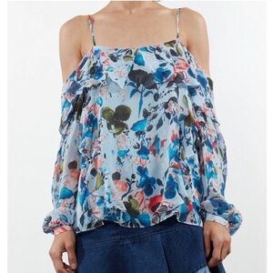 Tanya Taylor watercolor daisy cold shoulder spaghetti strap ruffle floral top